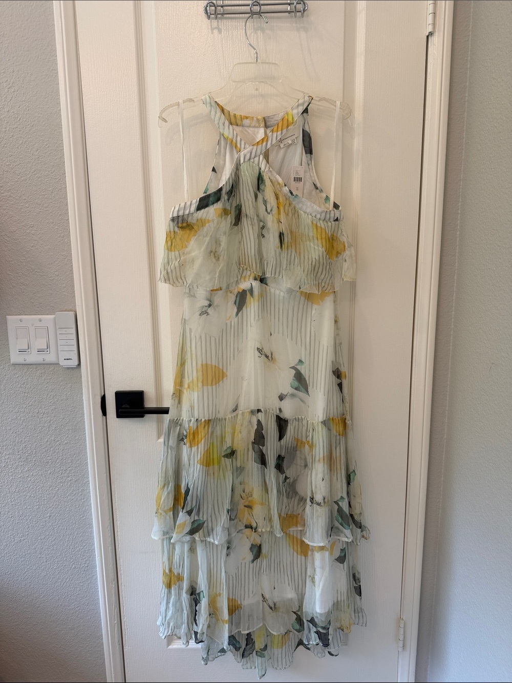 Anthropologie Striped Floral Tiered Maxi Dress in White, Yellow & Green